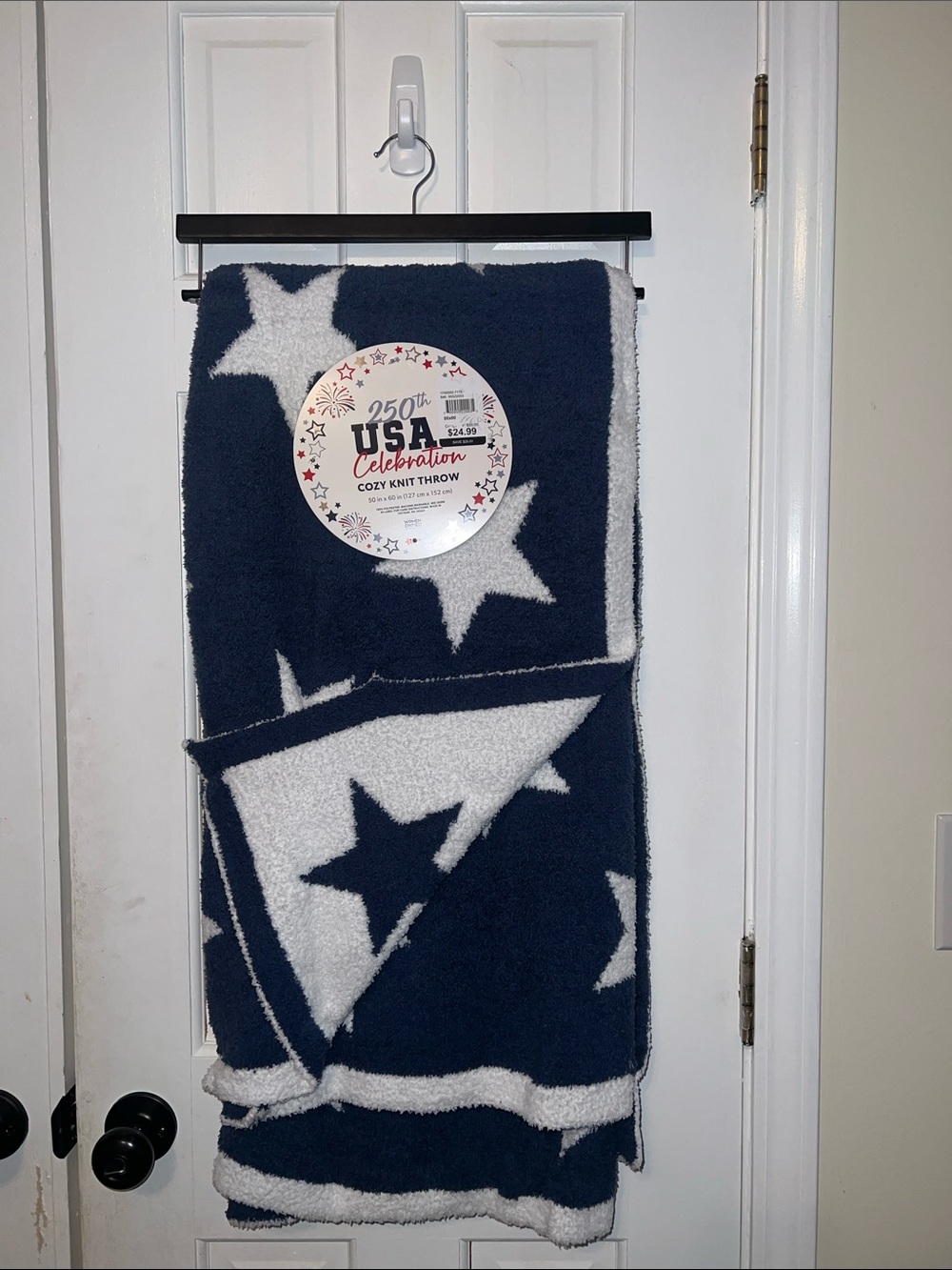 Navy & White Star Knit Throw Blanket